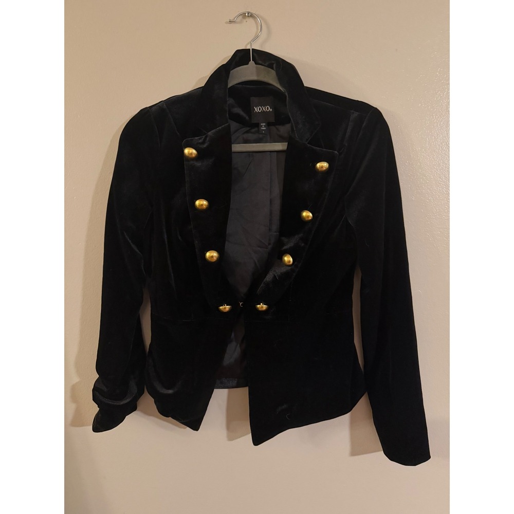 Y2K XOXO Black Velvet‎ Military Blazer Gold Tone Crest Buttons Small